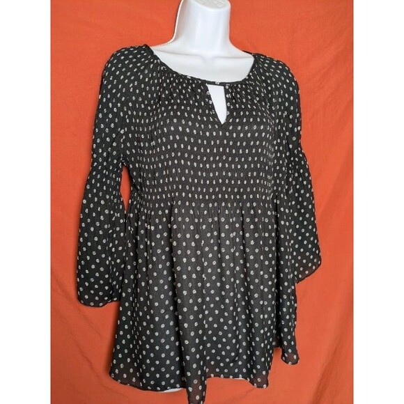 Spense Tops - Black White Dot Smocked Babydoll Top Bell Sleeves Petite Medium Whimsigoth